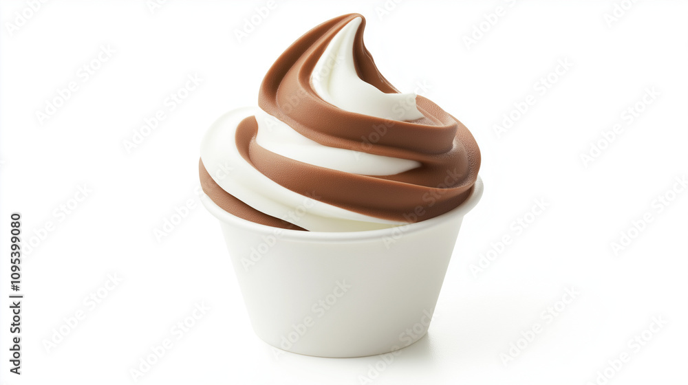 A swirl of soft-serve ice cream in a cup, white and chocolate mix, placed on a pure white background for a sleek and clean style A swirl of soft-serve ice cream in a cup, white and chocolate mix, placed on a pure white background for a sleek and clean style