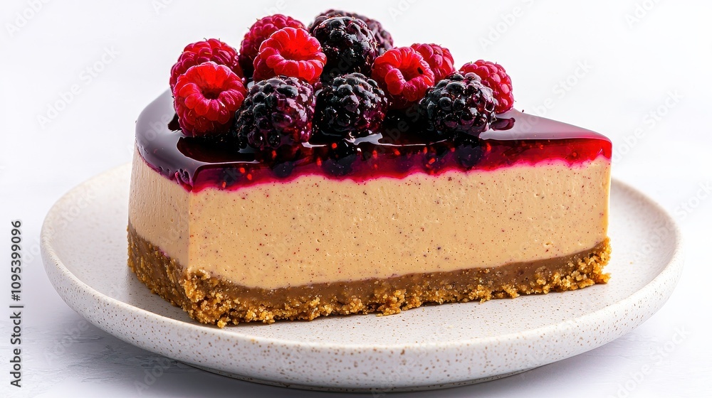 A delicious layered cheesecake topped with fresh raspberries and a vibrant berry glaze on a simple plate. A delicious layered cheesecake topped with fresh raspberries and a vibrant berry glaze on a simple plate.