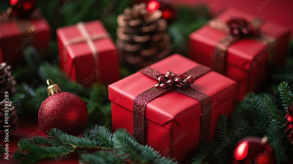Elegant Christmas Gift Arrangement with Red Boxes and Pine Cones Elegant Christmas Gift Arrangement with Red Boxes and Pine Cones
