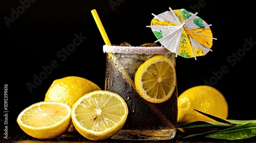 A refreshing lemon drink garnished with an umbrella, served with fresh lemon slices, perfect for summer enjoyment. photo