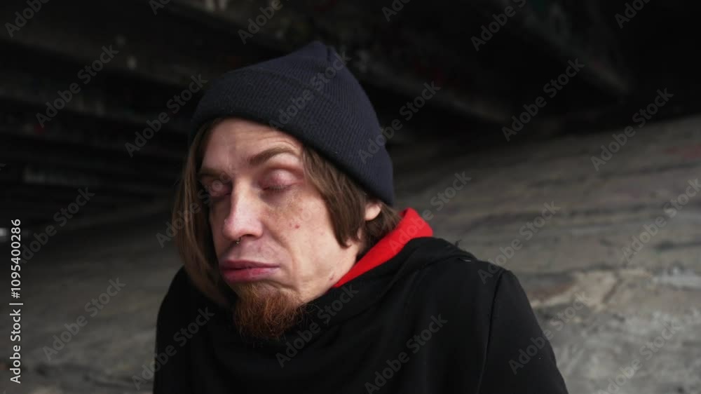 A thoughtful individual in a red hoodie and beanie seated in an urban environment with moody lighting and textured stone background A thoughtful individual in a red hoodie and beanie seated in an urban environment with moody lighting and textured stone background