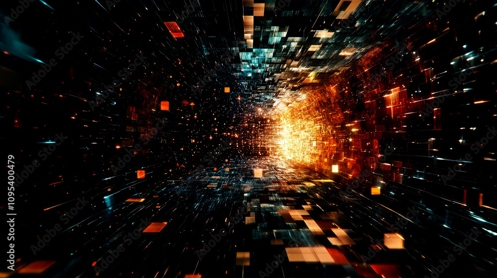 Fototapeta premium Space corridor, matrix of digital pixels. Endless glowing space-time tunnel. Matrix of fate. Choice and fate concept. Mysticism. Magical thinking