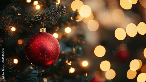 Festive Red Ornament on Christmas Tree with Twinkling Lights