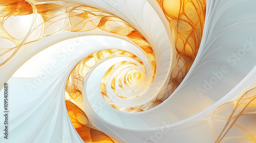 Abstract shapes based on the fibonacci sequence, glowing with golden and white hues. Golden Spiral Staircase. Illustration photo