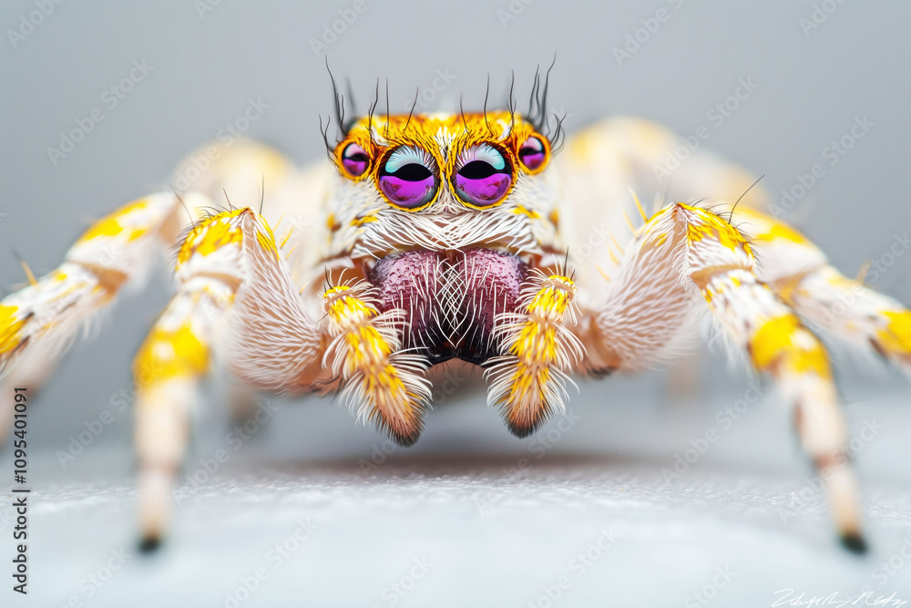 Vibrant macro view of a peacock spider showcasing colorful patterns on its abdomen Vibrant macro view of a peacock spider showcasing colorful patterns on its abdomen