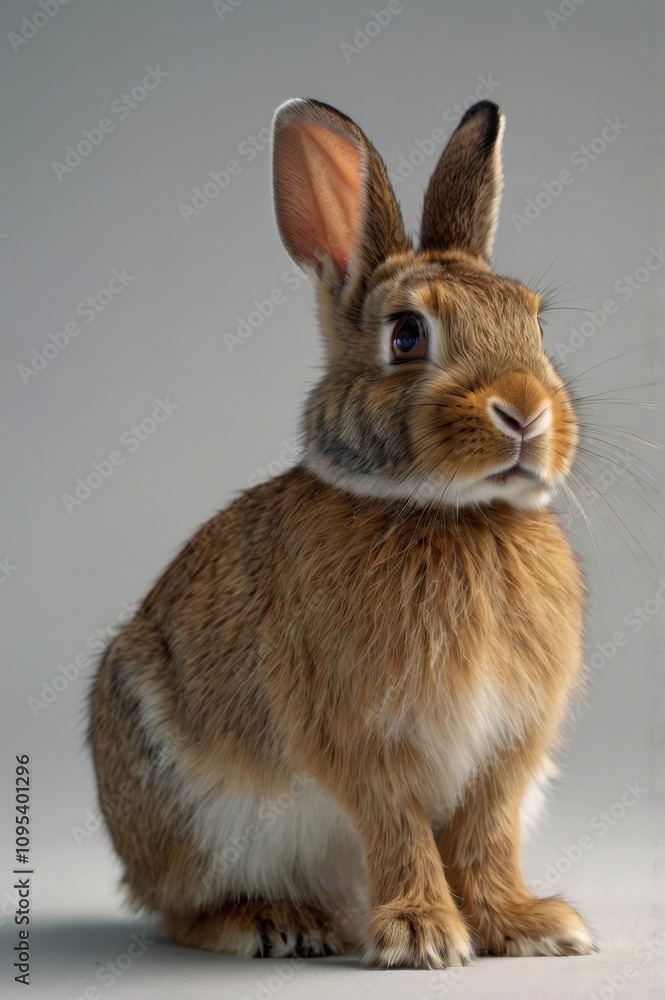 Fototapeta premium Brown and white rabbit is sitting on a white background