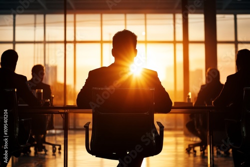 Executives sit at a conference table as the sunrise pours through the windows, highlighting strategic discussions and leadership in a bright corporate environment. photo