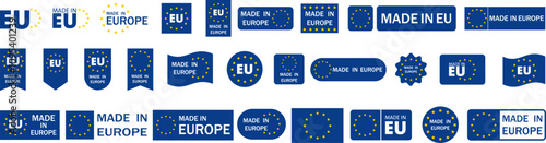 Made in Europe badges and emblems set collection illustrations. Made in EU banner.Made in Europe. EU product.