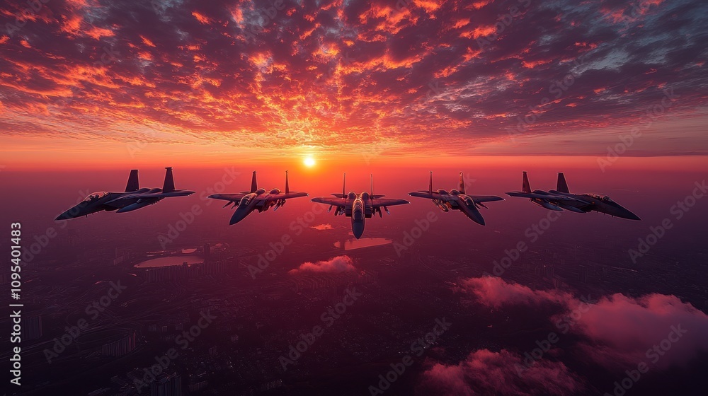 A formation of military jets flying against a vibrant sunset sky. A formation of military jets flying against a vibrant sunset sky.