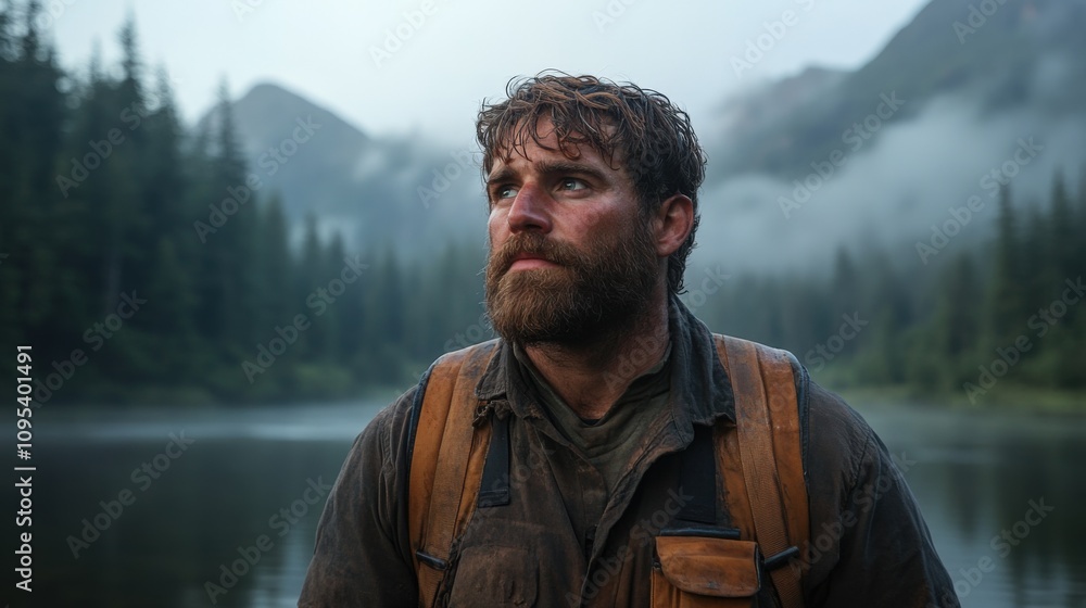 Introspective Man by Serene Mountain Lake at Dawn Introspective Man by Serene Mountain Lake at Dawn