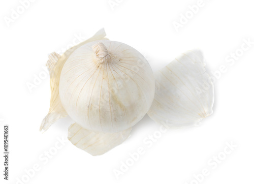 Fresh onion with peels isolated on white, above view