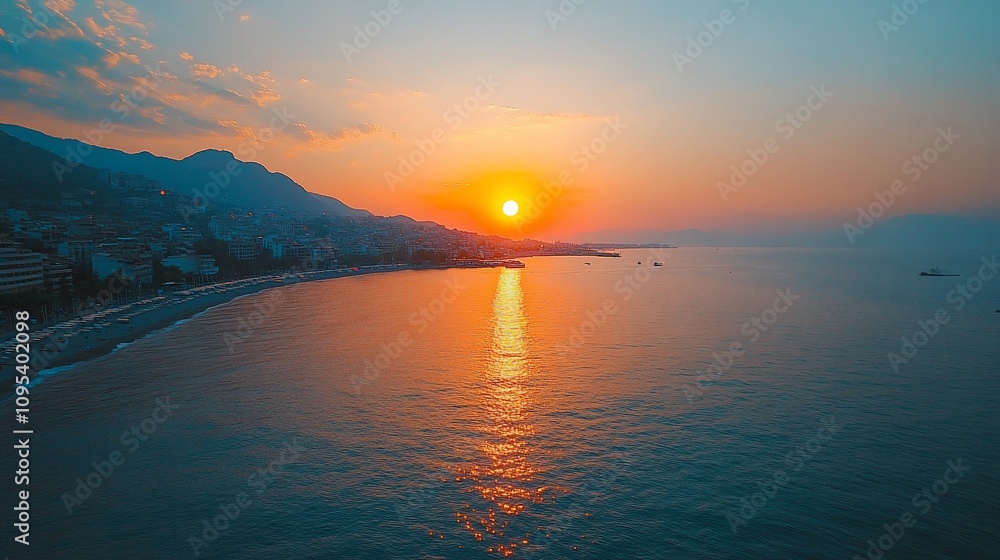 Obraz premium Stunning sunset over coastal town and sea.