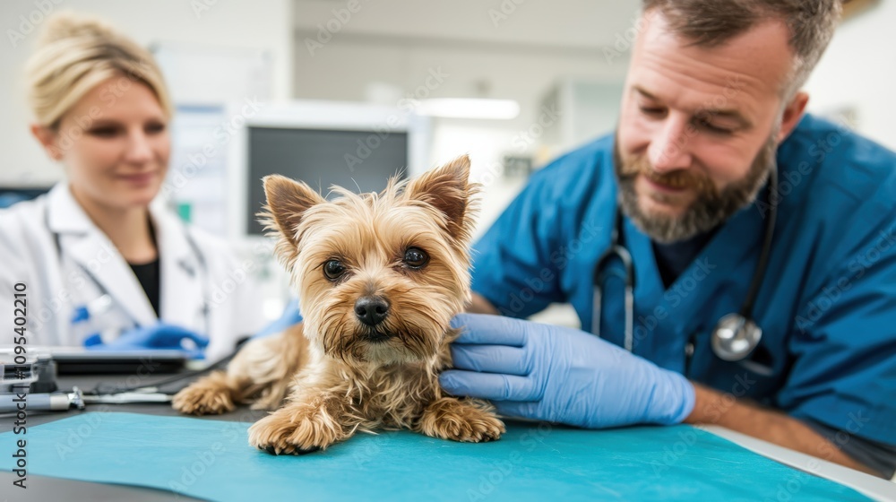 A small brown dog on a teal mat is being attentively examined by a team of veterinarians in a bright veterinary clinic setting, ensuring its health. A small brown dog on a teal mat is being attentively examined by a team of veterinarians in a bright veterinary clinic setting, ensuring its health.