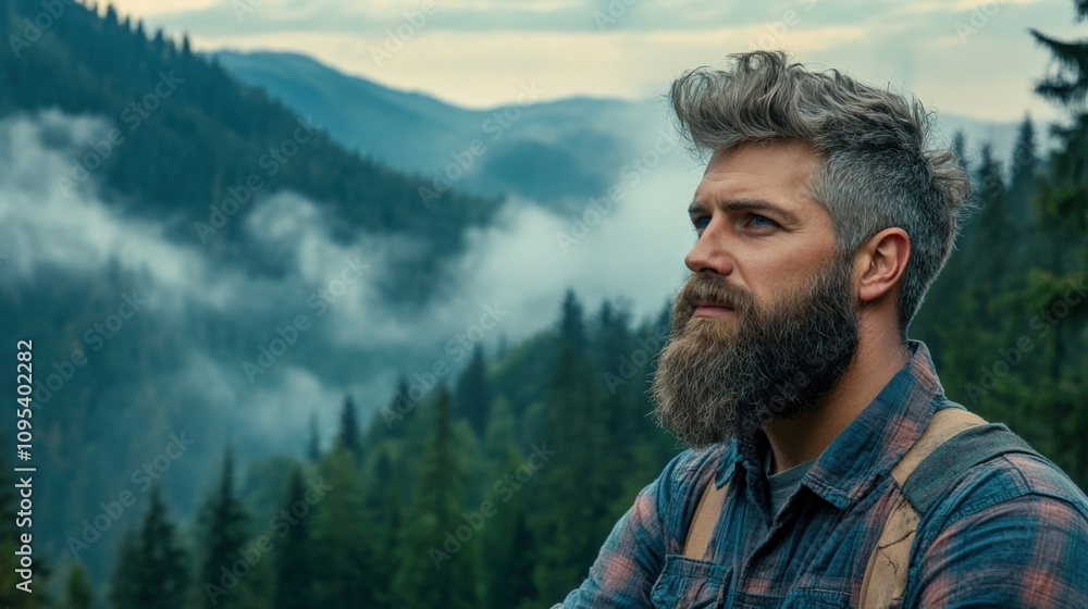Thoughtful Bearded Man Enjoying Scenic Mountain Landscape Thoughtful Bearded Man Enjoying Scenic Mountain Landscape