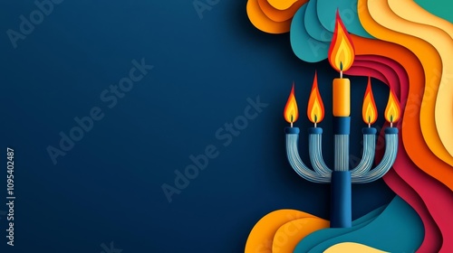 Hanukkah symbol tradition heritage concept. A colorful illustration featuring a menorah with lit candles against a vibrant, abstract background.