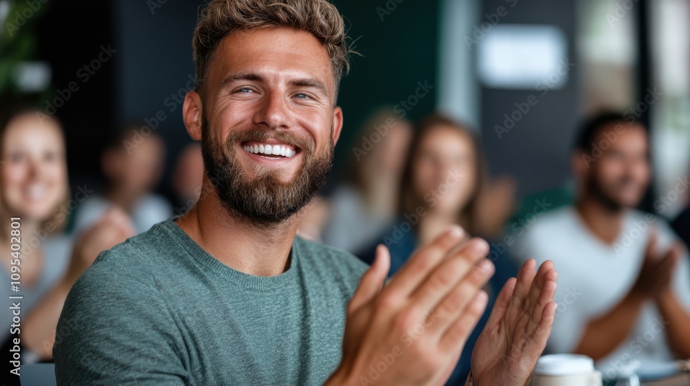 A man with a beard and a green shirt is smiling and clapping his hands, surrounded by an audience in what appears to be a public seminar or event. A man with a beard and a green shirt is smiling and clapping his hands, surrounded by an audience in what appears to be a public seminar or event.