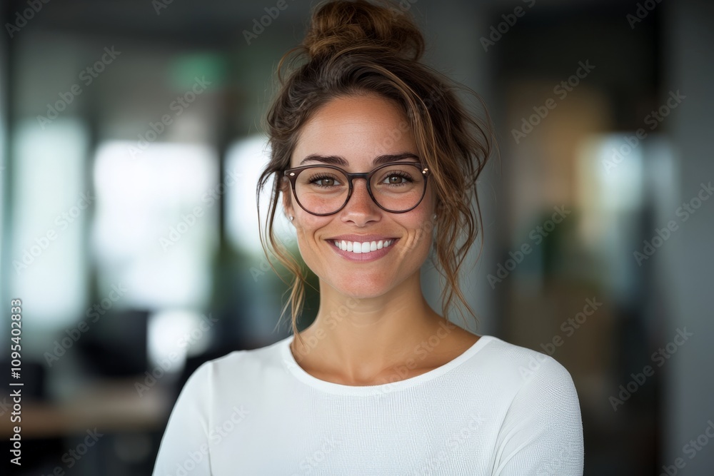 A smiling woman with glasses in a modern office environment exudes confidence, friendliness, and success, encapsulating a professional and welcoming atmosphere. A smiling woman with glasses in a modern office environment exudes confidence, friendliness, and success, encapsulating a professional and welcoming atmosphere.