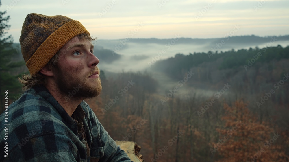 Contemplative Man Gazing Over Misty Valley at Dawn Contemplative Man Gazing Over Misty Valley at Dawn
