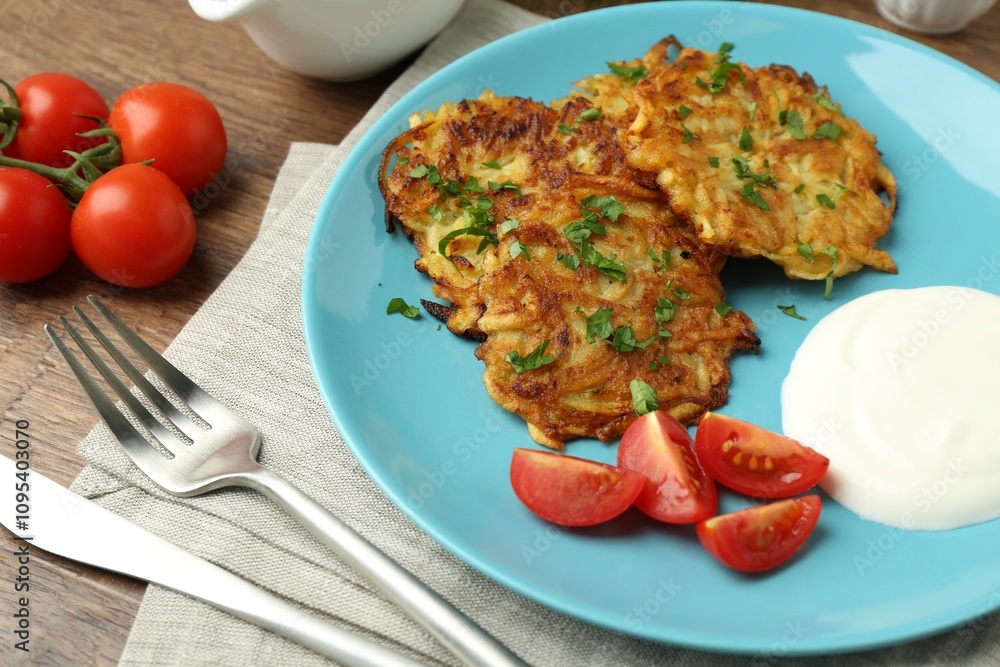 Delicious potato pancakes served on wooden table, closeup Delicious potato pancakes served on wooden table, closeup