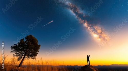 An individual standing on a hill captures the breathtaking beauty of a starry night with the Milky Way prominently displayed, epitomizing adventure and exploration.