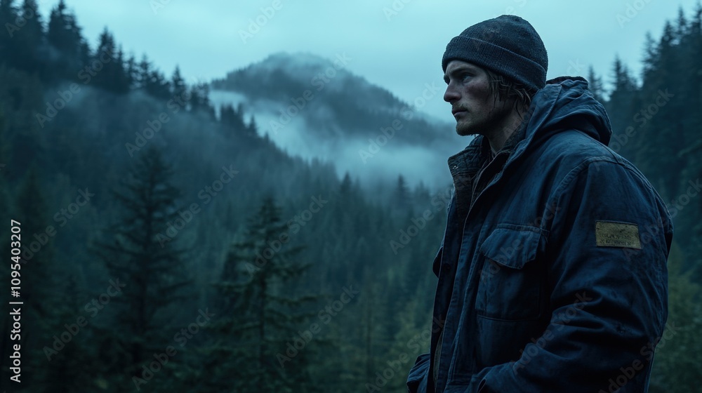 Contemplative Man in Misty Forest Landscape Contemplative Man in Misty Forest Landscape