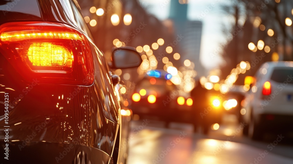 A rear view of a car with illuminated indicator on a lively urban street at dusk, conveying the energy and movement typical of city life in dim lighting. A rear view of a car with illuminated indicator on a lively urban street at dusk, conveying the energy and movement typical of city life in dim lighting.