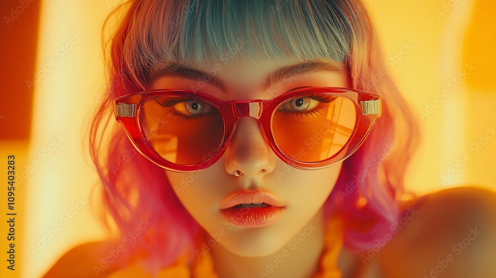 Close-up portrait of a young woman with pink and blue hair, wearing orange sunglasses, against a warm yellow background. Close-up portrait of a young woman with pink and blue hair, wearing orange sunglasses, against a warm yellow background.