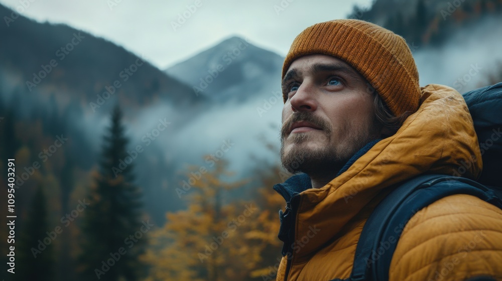Adventurous Man Gazing at Majestic Mountains in Autumn Fog Adventurous Man Gazing at Majestic Mountains in Autumn Fog