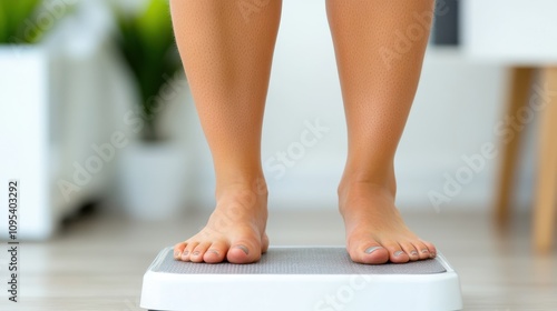 Close-up view of feet standing on a modern digital scale in a minimalist home interior, highlighting themes of everyday health tracking and personal well-being care.