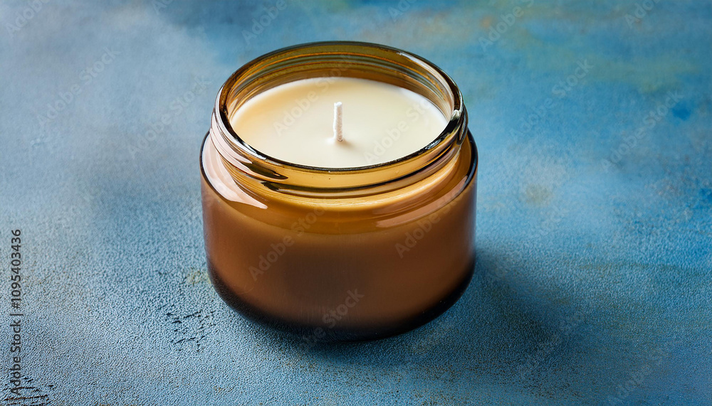 Handmade soy candle in amber glass jar, blue cement background. Handmade soy candle in amber glass jar, blue cement background.