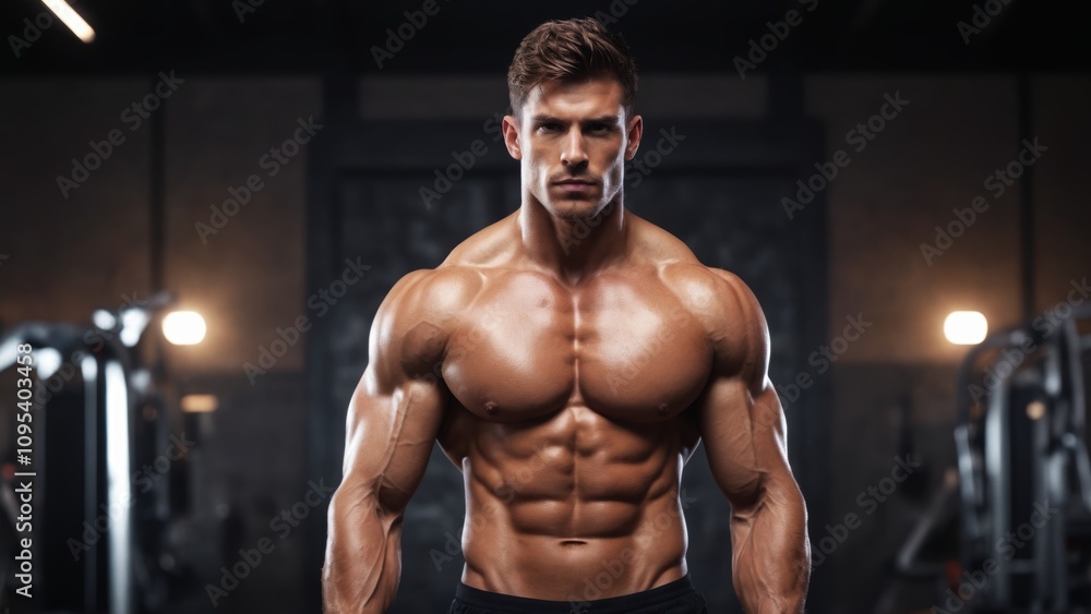 A muscular man showcasing strength in a dimly lit gym during a fitness training session A muscular man showcasing strength in a dimly lit gym during a fitness training session