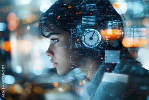 A focused woman with headphones immersed in a digital environment, surrounded by futuristic graphics and data elements, representing technology and concentration.