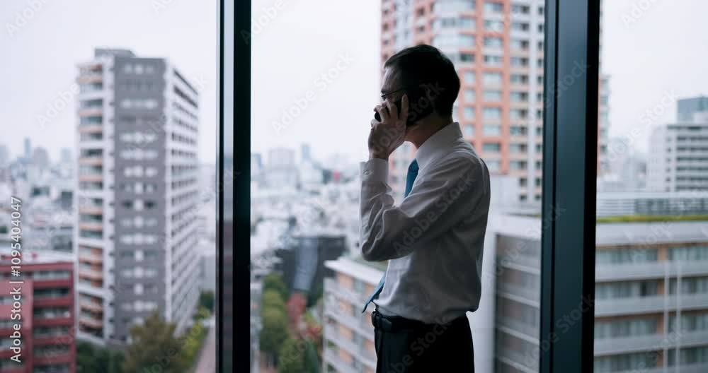 City, window and phone call in office, businessman and ideas for case, lawyer and consultation in law firm. Commitment, glass and planning for plea deal, legal and criminal defence attorney in Japan City, window and phone call in office, businessman and ideas for case, lawyer and consultation in law firm. Commitment, glass and planning for plea deal, legal and criminal defence attorney in Japan