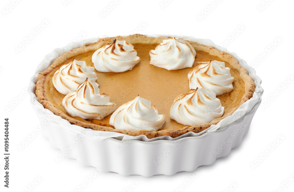 Tasty homemade pumpkin pie in baking dish isolated on white