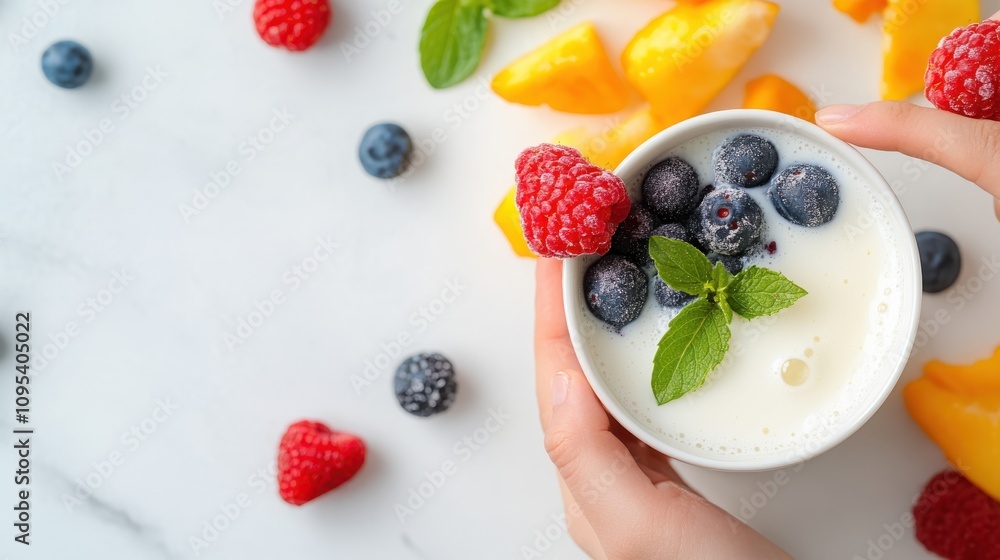 A delicious presentation of yogurt topped with fresh berries and a sprig of mint, surrounded by chunks of yellow fruit, illustrating a vibrant, healthy dish. A delicious presentation of yogurt topped with fresh berries and a sprig of mint, surrounded by chunks of yellow fruit, illustrating a vibrant, healthy dish.