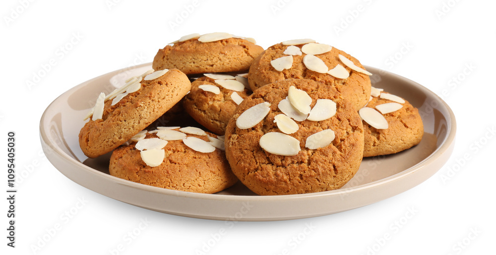 Tasty cookies with almond flakes isolated on white Tasty cookies with almond flakes isolated on white