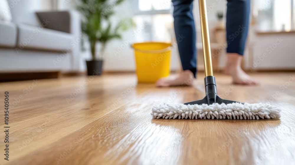 An individual mops a wooden floor beside a yellow bucket, sunlight streaming in, revealing a cozy, relaxed atmosphere, with plants adding a natural touch. An individual mops a wooden floor beside a yellow bucket, sunlight streaming in, revealing a cozy, relaxed atmosphere, with plants adding a natural touch.