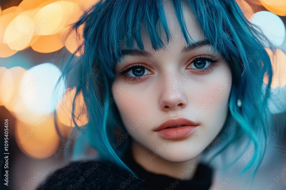 A captivating image of a girl with striking blue hair gazing intensely against a blurred bright background, highlighting individuality and artistic expression. A captivating image of a girl with striking blue hair gazing intensely against a blurred bright background, highlighting individuality and artistic expression.