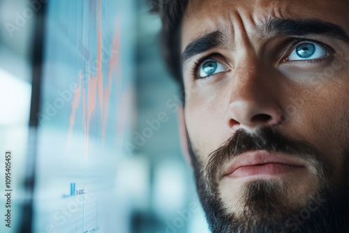 A man with a thoughtful expression critically examines data on a digital screen, representing analytical thinking and decision-making in a professional setting. photo