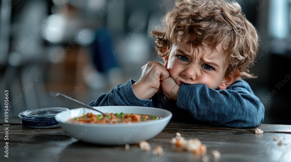 A young child with curly hair looks grumpy and reluctant as he faces a bowl of vibrant soup, with scattered popcorn on the wooden table hinting at his desires. A young child with curly hair looks grumpy and reluctant as he faces a bowl of vibrant soup, with scattered popcorn on the wooden table hinting at his desires.