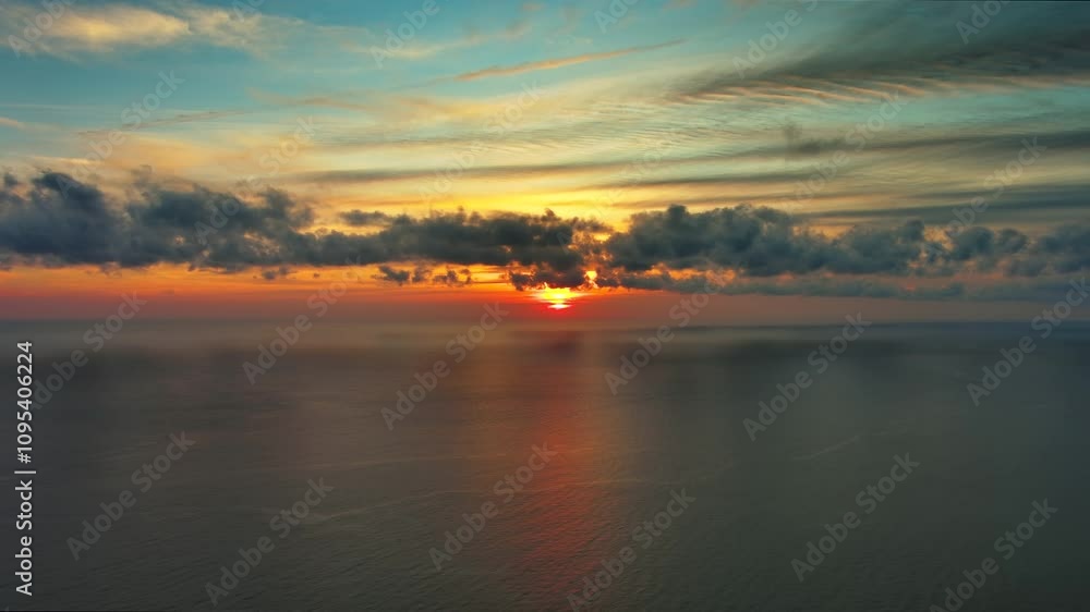 Aerial view of sea surface during a beautiful colourful sunset, 4k Aerial view of sea surface during a beautiful colourful sunset, 4k