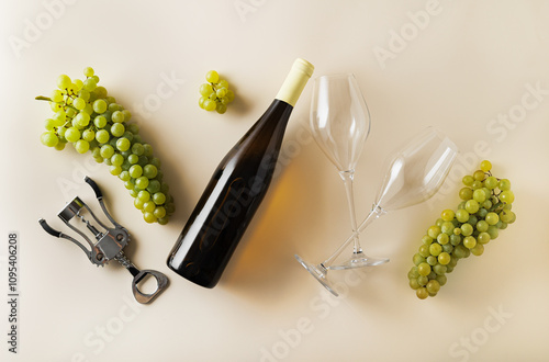 Fotografie Refined and sophisticated composition with a bottle of wine, elegant glasses, a corkscrew and a bunch of fresh juicy grapes on a plain background