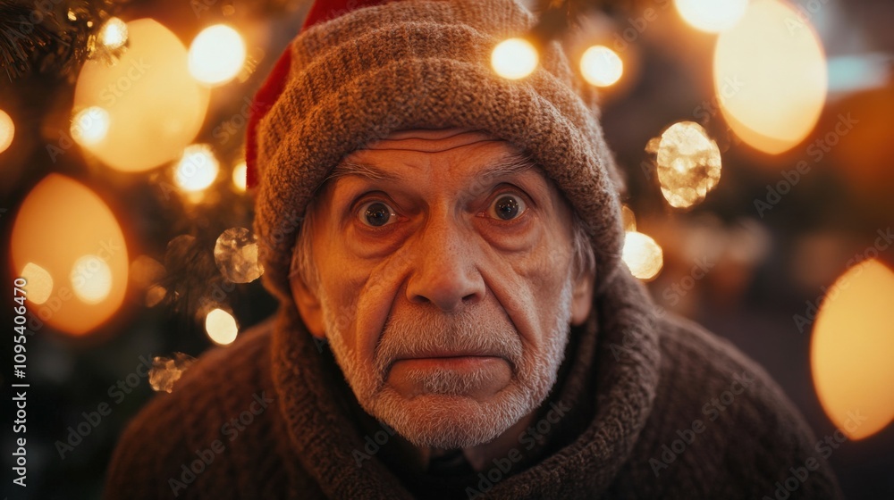 Astonished Elderly Man Surrounded by Warm Holiday Lights Astonished Elderly Man Surrounded by Warm Holiday Lights