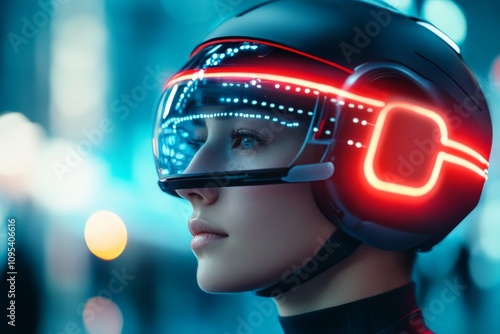 A person wearing a futuristic helmet with bright neon lights, reflecting a digital cityscape, representing advanced technology and innovation in a cyberpunk world. photo