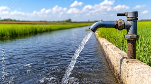 Irrigation System Water Flowing from Tap into Rice Paddy Field