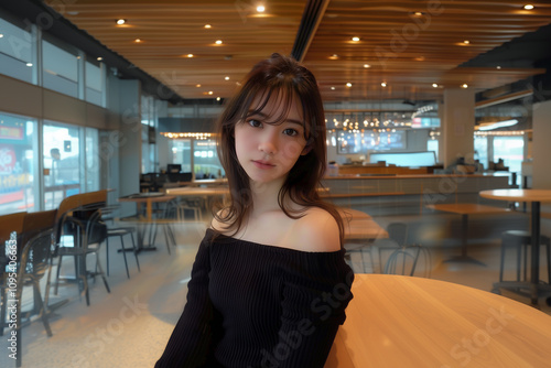 Free Download カフェで振り返る黒ニットの女性 - GFXLoad