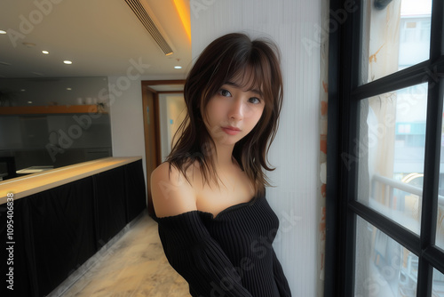 カフェで振り返る黒ニットの女性 Free Download カフェで振り返る黒ニットの女性 - GFXLoad