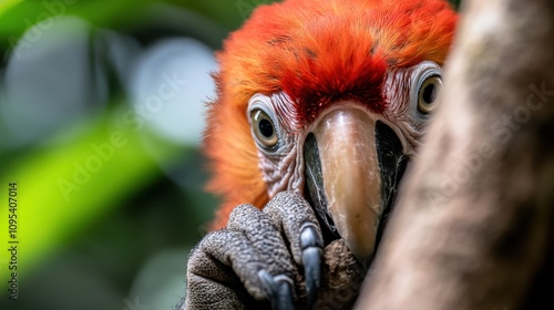 A shy parrot cautiously peeks out from between branches, its expressive eyes capturing the viewer's attention amidst a blurred leafy background, highlighting nature's curiosity. photo