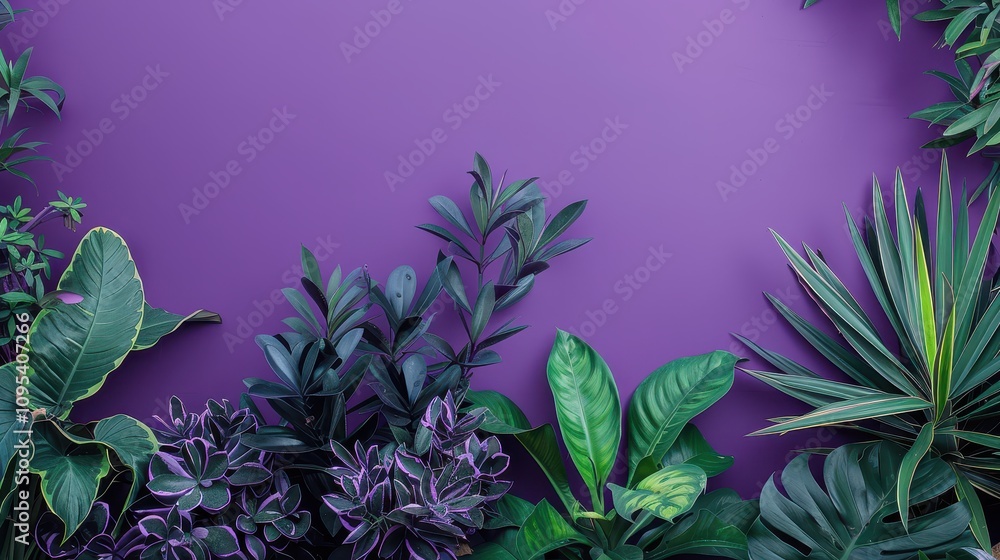 Vivid Tropical Leaves on Bold Purple Background Vivid Tropical Leaves on Bold Purple Background