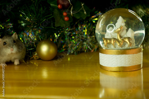 Cute little hamster under xmas tree with cristmas decoration holidays with animal pet new year
